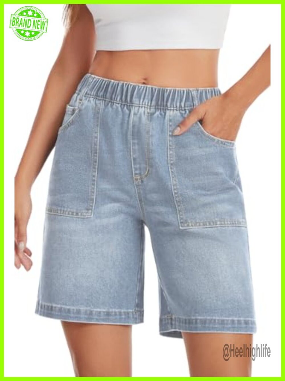 Women's Pull-On Bermuda Shorts High Waisted Denim Jorts 8-Inch Inseam Baggy